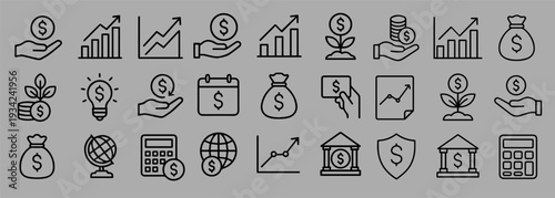 A set of black line icons depicting various finance and business concepts on a gray background.