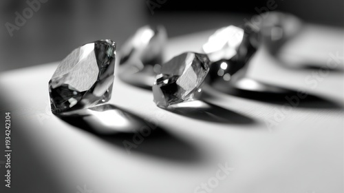 Sparkling diamond gemstones arranged with reflective surfaces and shadows