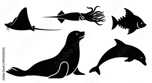 Diverse marine animals silhouettes set: stingray, squid, fish, seal, and dolphin icons
