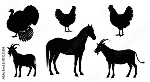 Farm Animal Silhouettes Collection: Turkey, Chicken, Horse, and Goat Icons