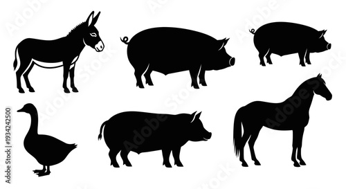 Farm Animals Silhouettes Collection Isolated on White Background