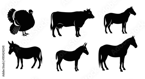 Farm Animals Silhouettes Collection: Turkey, Cow, Horse, and Donkeys Vector Icons