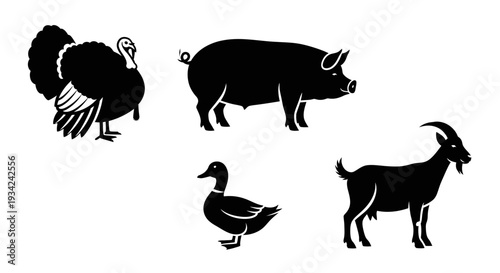 Farm Animals Silhouettes Collection: Turkey, Pig, Duck, and Goat Icons