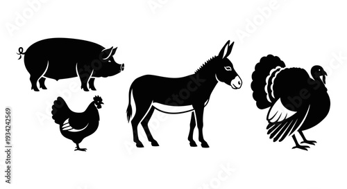 Farm Animals Silhouettes: Pig, Chicken, Donkey, and Turkey Icons on White Background