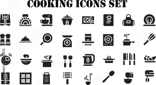 Cooking and Kitchen Icon Set, Black Solid Cooking and Kitchen Equipment Icons Vector Set, Minimalist Chef Tools and Baking Pictograms Isolated