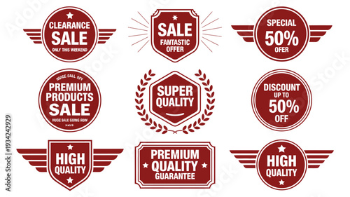 Red sale badges, and premium quality label, collection with discount ribbons, promotional stickers, and retail marketing tags for shopping and ecommerce isolated on white background