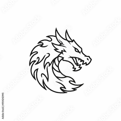 Fierce Dragon Head Outline Illustration.