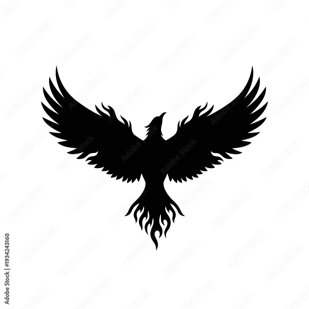 Obraz premium Black Phoenix Silhouette with Fiery Tail and Wings Spread Wide