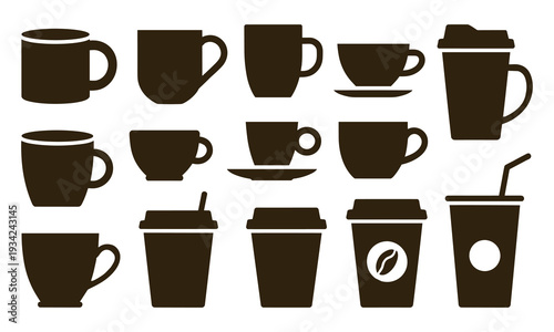 Wallpaper Mural Coffee cups, tea mugs, takeaway containers, illustrated in a clean, flat graphic style on white, conveying comfort and routine. Torontodigital.ca