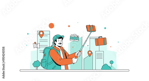 Traveler Taking Selfie with Smartphone on Selfie Stick in Cityscape