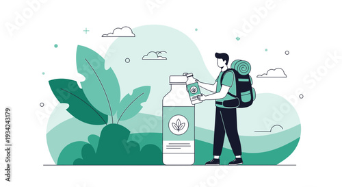 Traveler with Backpack and Herbal Supplement Bottle in Nature