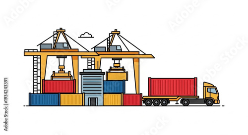 Industrial shipping port with cranes and cargo containers.