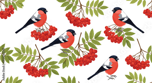 Seamless Bullfinch Bird and Red Rowan Berry Pattern with Green Leaves, Decorative Nature Wildlife Background Vector Illustration
