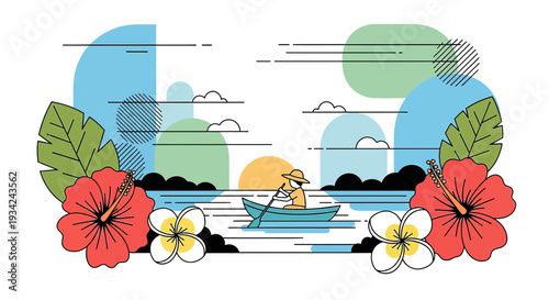 Tropical Island Scene: Person Rowing Boat, Hibiscus Flowers, Stylized Landscape