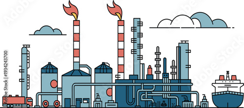 Industrial oil refinery landscape vector illustration with smoking chimneys, storage tanks and cargo ship for energy production