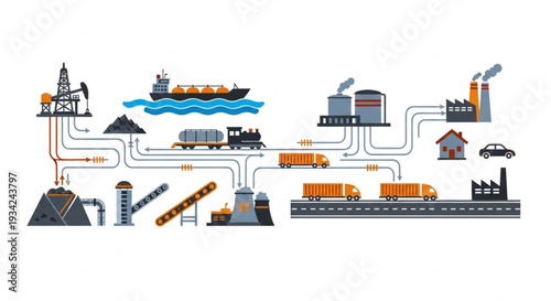 Industrial supply chain and logistics network illustration.