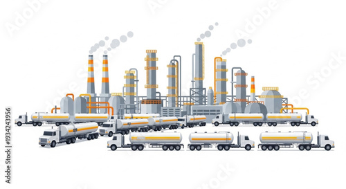 Industrial Refinery Factory with Trucks.