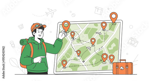 Traveler Planning Route on Map with Pins, Backpack and Suitcase