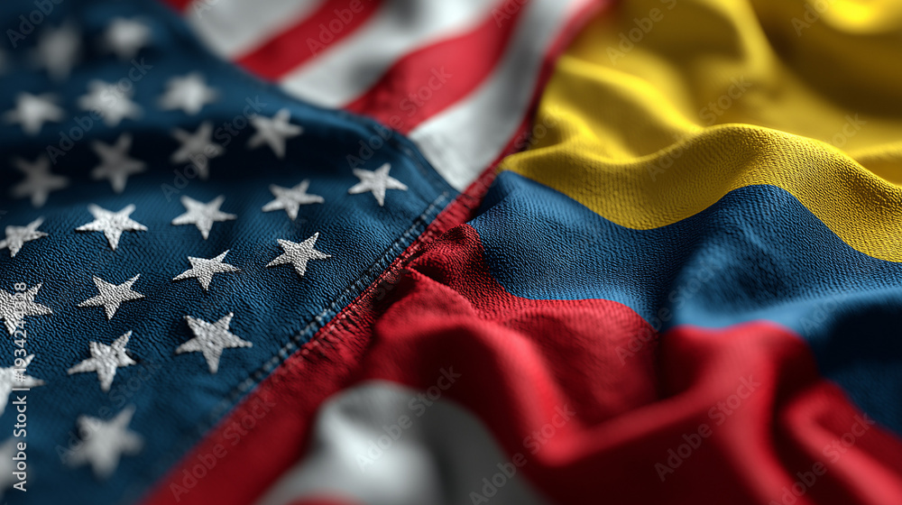 Fototapeta premium Cultural exchange celebration usa and colombia flags display textiles close-up unity and diversity