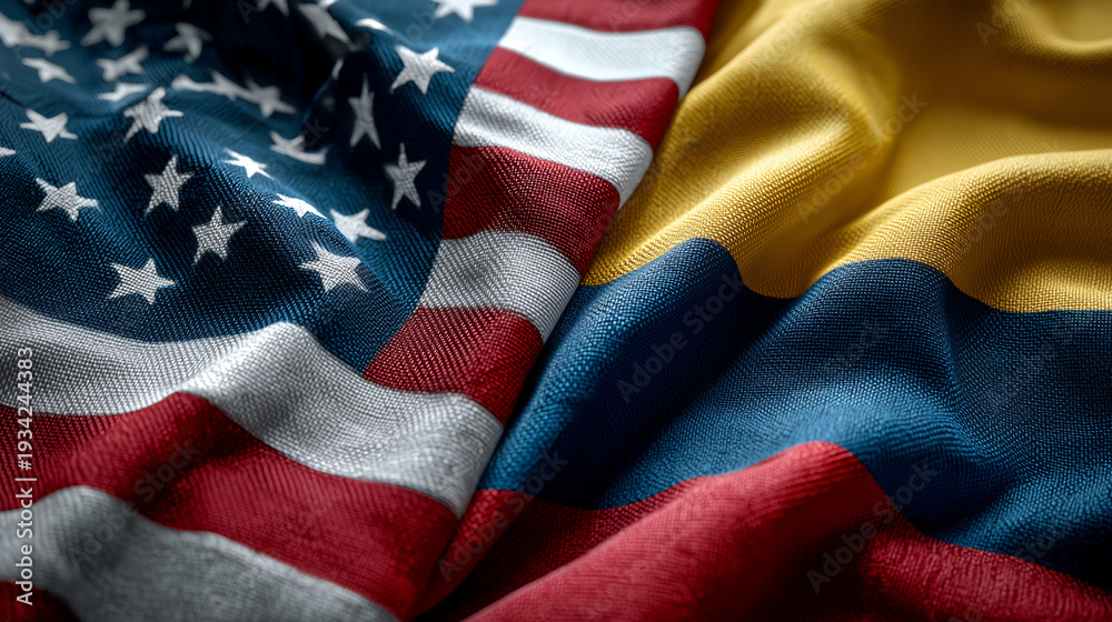 Obraz premium Celebrating unity american and colombian flags combined in vibrant display textile art indoor setting close-up view