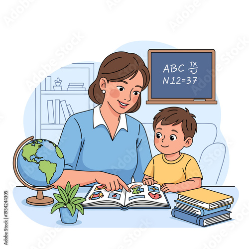 A kind female teacher patiently guides a young boy through an educational book, surrounded by learning tools like a globe and blackboard in a classroom setting.