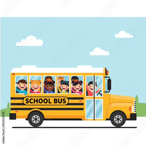 A bright yellow school bus filled with diverse, smiling children driving down a road with a blue sky and fluffy clouds above.