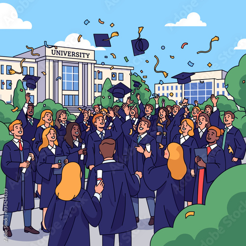 A joyous graduation ceremony unfolds with students in caps and gowns tossing their hats in the air amidst falling confetti outside a grand university building.