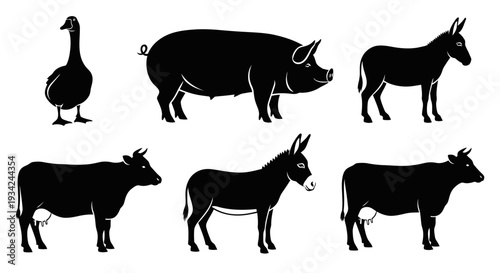 Farm Animals Silhouettes Set: Goose, Pig, Cows, and Donkeys Vector Icons