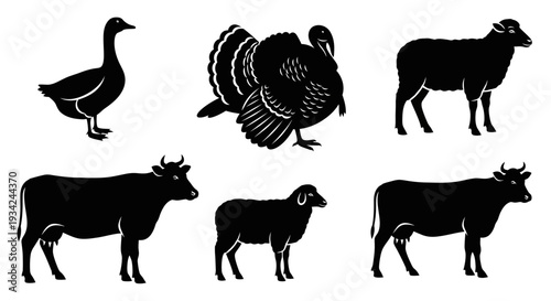 Farm Animals Silhouettes Set: Goose, Turkey, Cow, and Sheep Livestock Icons for Agricultural Design