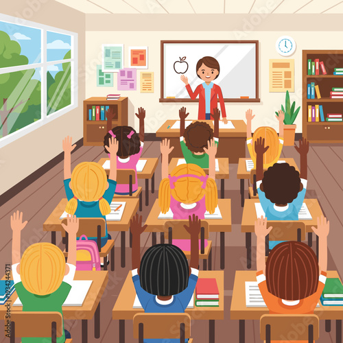 A diverse group of elementary school students actively participating in a classroom lesson with their teacher at the whiteboard.