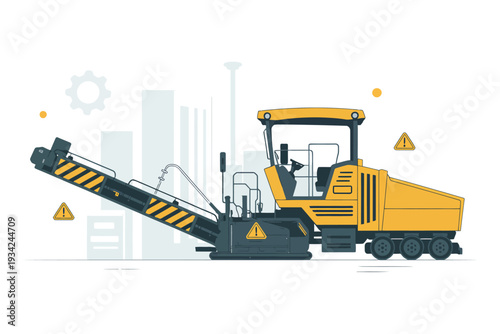 Asphalt paver machine with conveyor belt on white background for road construction