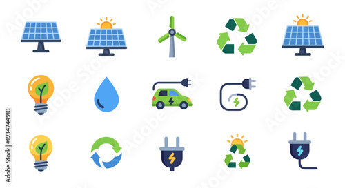 Set of Renewable Energy Icons, Green Ecology Symbols and Sustainable Technology Illustrations