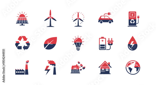 Renewable Energy Icons Set for Green Technology and Sustainable Ecology Concept
