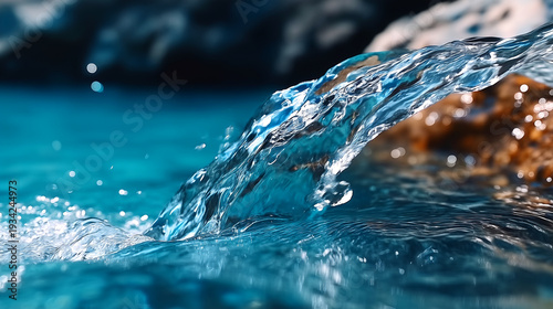 Crystal clear water streams gracefully over textured rocks, creating dynamic ripples and refreshing, pure splashes in stunning detail