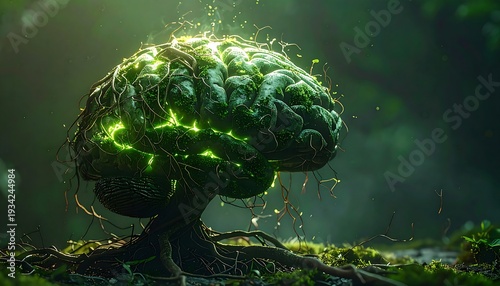 A glowing brain shaped like a tree with roots in a misty forest environment viewed from the side