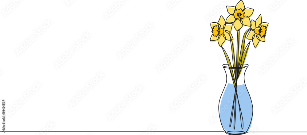 Naklejka premium continuous line drawing of daffodils in flower vase, line art vector illustration