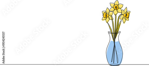 continuous line drawing of daffodils in flower vase, line art vector illustration