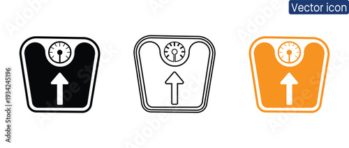 Set of weight scale icons in black, white, and orange showing upward trend