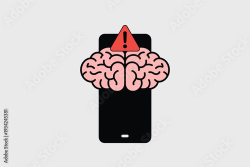 Warning Sign on Smartphone with Emerging Brain, Digital Risk Awareness Concept