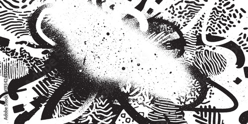 Energetic abstract black and white background with messy scribbles, dots, and spray paint texture, modern artistic chaos