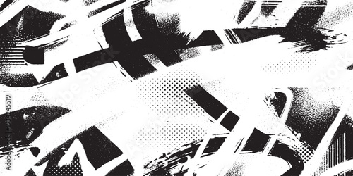 Dynamic abstract background with black and white brush strokes, spray paint, and geometric shapes, energetic modern art