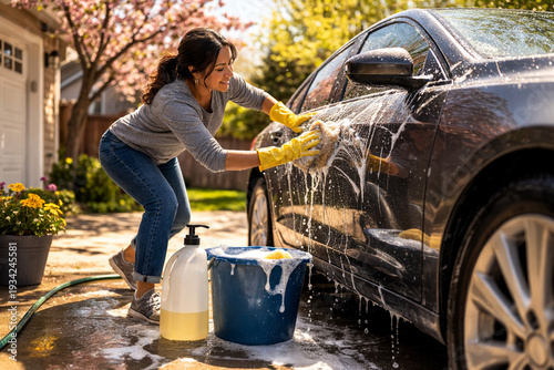 Woman washing car in driveway outdoors with gloves