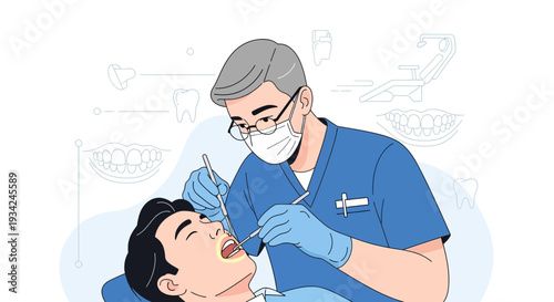 Dentist Examining Patient's Teeth with Dental Tools - Healthcare Illustration