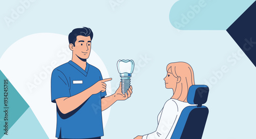 Dentist showing dental implant to patient in clinic, modern dental care concept