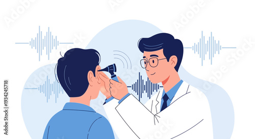 Doctor examining patient's ear with otoscope, audiology, hearing test, medical checkup