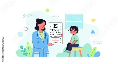 Doctor examining boy's eyesight with eye chart, medical checkup illustration