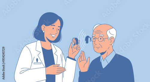 Doctor showing hearing aid to senior man, ear implant consultation