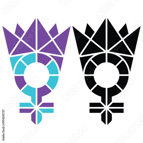 Geometric Feminine Crown Emblem Featuring Gender Symbol in Purple, Teal, and Black Variants Representing Power, Identity, and Equality