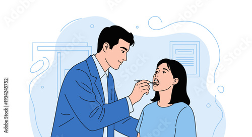 Doctor examining patient's throat with tongue depressor, medical checkup illustration
