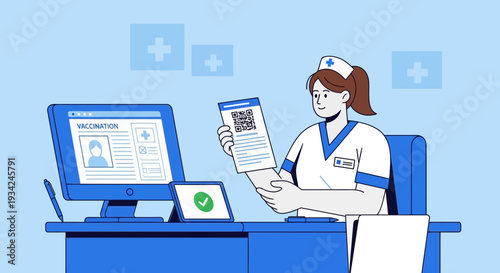 Nurse with Vaccination Record and QR Code at Computer in Medical Office